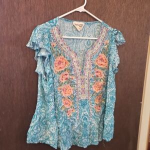Sigrid Olsen Blue and Pink Floral Blouse